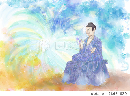 青のイメージの法隆寺薬師如来坐像と光の背景 98624820