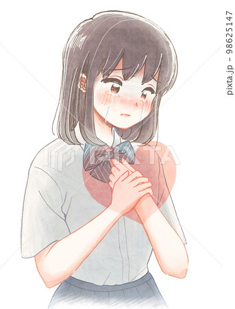 パステル水彩タッチ・胸を押さえて涙を流す高校生イラスト パステル水彩タッチ・胸を押さえて涙を流す高校生イラスト 98625147