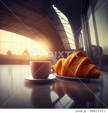 Hot coffee with breakfast at airport lounge. 98625451