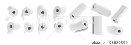 Cellulose production toilet paper, kitchen towel rolls 3d render. Realistic set of napkin icons, mockup hygiene accessories for restroom or bathroom isolated on white background 98626396