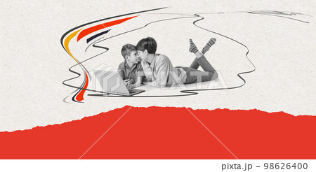 Mother and son lying on the floor with laptop on white abstract background. Happy family concept. Human emotions concept. Contemporary art design Mother and son lying on the floor with laptop on white abstract background. Happy family concept. Human emotions concept. Contemporary art design 98626400