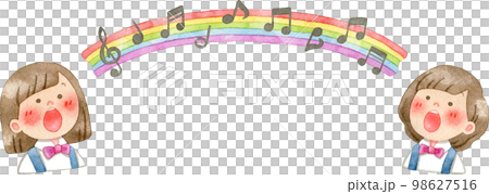 兒童唱歌、彩虹和音符的水彩插圖(框架/文字材料) 兒童唱歌、彩虹和音符的水彩插圖(框架/文字材料) 98627516