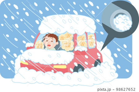 雪害イラスト_雪による車内閉じ込め_排気ガス中毒_吹雪_背景色あり 雪害イラスト_雪による車内閉じ込め_排気ガス中毒_吹雪_背景色あり 98627652
