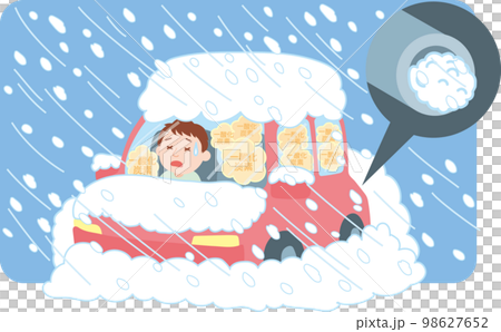 Snow damage illustration _ confinement in the car due to snow _ exhaust gas poisoning _ blizzard _ with background color 98627652