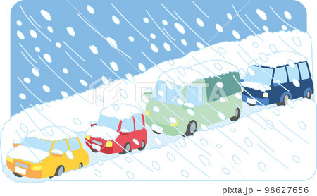 雪害イラスト_渋滞立ち往生_吹雪_背景色あり 98627656