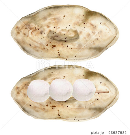 Watercolor hand drawn traditional Japanese sweets. Ceramic plate with dango. Isolated on white background. Design for invitations, restaurant menu, greeting cards, print, textile Watercolor hand drawn traditional Japanese sweets. Ceramic plate with dango. Isolated on white background. Design for invitations, restaurant menu, greeting cards, print, textile 98627682