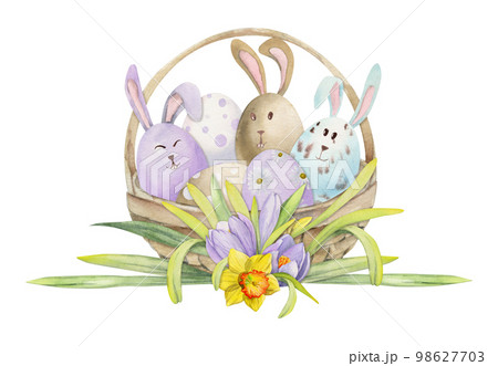 Watercolor hand drawn Easter celebration clipart. Basket of painted pastel eggs, bunnies, spring flowers. Isolated on white background. Design for invitations, gifts, greeting cards, print, textile Watercolor hand drawn Easter celebration clipart. Basket of painted pastel eggs, bunnies, spring flowers. Isolated on white background. Design for invitations, gifts, greeting cards, print, textile 98627703