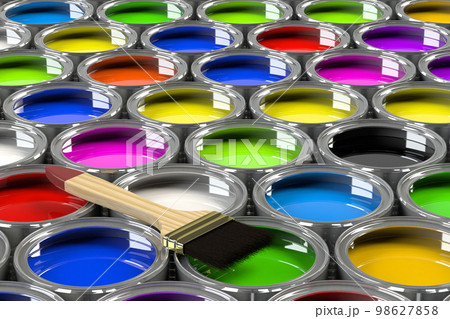 Multiple open paint cans with a brush Multiple open paint cans with a brush 98627858