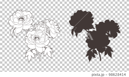 一株の牡丹の花（線画＆シルエット） 98628414