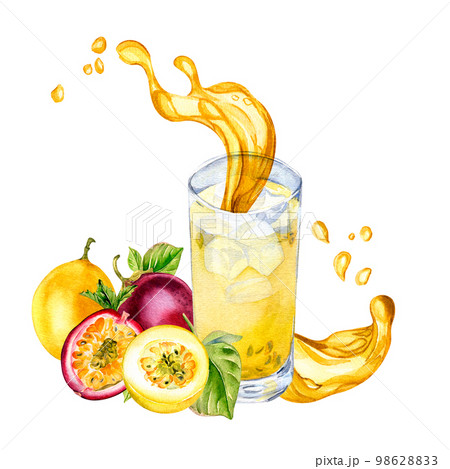 Passion fruit smoothies and splash juice watercolor illustration isolated on white. 98628833