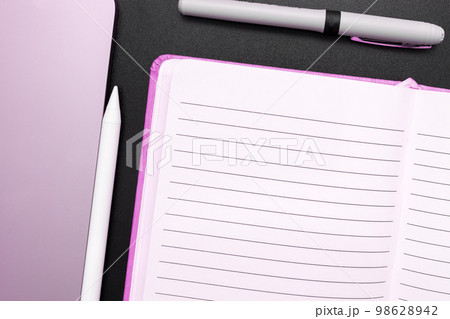 Photo With Pens Pencils Rullers Calculators. Notebook and Colored Paper Stickers Lying On White Desk. Multiple Assorted Collection Office Stationery. Postcards. 98628942