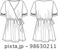Vector wrap balloon sleeved dress fashion CAD, woman v-neck short dress with bow technical drawing, template, flat, sketch. Jersey or woven fabric dress with front, back view, white 98630211