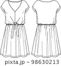 Vector sleeveless short dress fashion CAD, woman v-neck dropped shoulder dress with bow technical drawing, template, flat, sketch. Jersey or woven fabric mini dress with front, back view, white color 98630213
