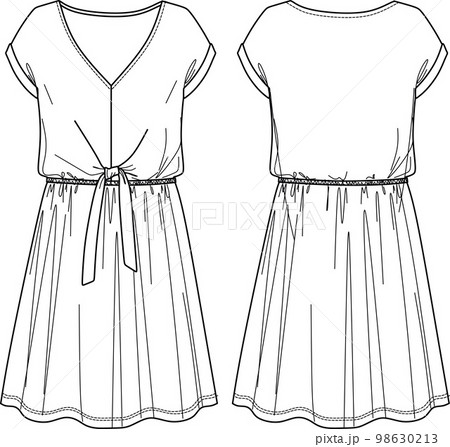 Vector sleeveless short dress fashion CAD, woman v-neck dropped shoulder dress with bow technical drawing, template, flat, sketch. Jersey or woven fabric mini dress with front, back view, white color 98630213