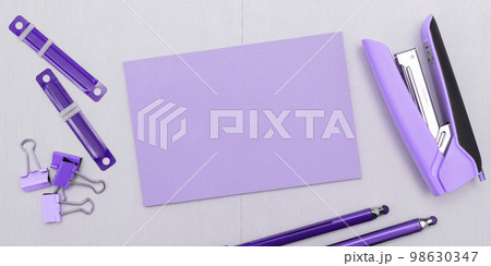 Different Office Supplies, Colored Stickers, Notebooks. Pens, Pencils, Rullers, Marckers. Different School Items. Important information. Accessories lying on desk. 98630347