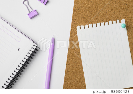 Photo With Pens Pencils Rullers Calculators. Notebook and Colored Paper Stickers Lying On White Desk. Multiple Assorted Collection Office Stationery. Postcards. 98630423