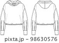 Vector woman sweatshirt with gathered hem fashion CAD, long sleeved hoodie with pile details technical drawing, template, sketch, flat. Fleece or woven fabric hoody with front, back view, white color 98630576