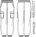 Vector woman fleece jogger technical drawing, utility style pants with waistband and side pockets detail fashion CAD, template, sketch, flat. Woman trousers with front, back view, white colour 98630577