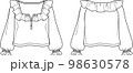 Vector long sleeved top with button details fashion CAD, woman cropped square neck blouse with frill details technical drawing, template, mock up, sketch. Blouse flat, front, back view, white colour 98630578