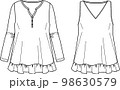 Vector V-neck blouse with frilled hem fashion CAD, woman loose fit top with button details technical drawing, template, sketch, flat. Jersey or woven fabric t-shirt with front, back view, white color 98630579