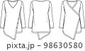 Vector V neck asymmetric blouse fashion CAD, woman wrap long top with button details technical drawing, template, sketch, flat. Jersey or woven fabric tunic with front, back view, white color 98630580