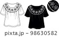 Vector short sleeved T-Shirt fashion CAD, woman round neck top with embroidery technical drawing, blouse template, flat, sketch. Jersey or woven fabric blouse with front, back view, in white color 98630582