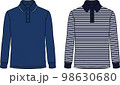Vector fashion CAD t-shirt with striped seamless pattern, men long sleeved slim fit T-Shirt sketch, men polo neck shirt technical drawing, sketch, flat. Jersey t shirt with front, back view,blue color 98630680