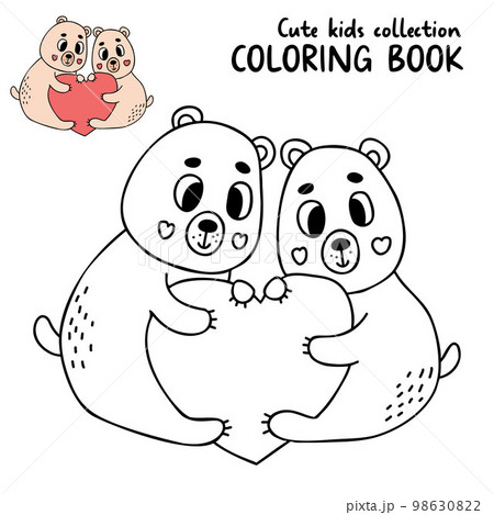 Pair of love teddy bears with big heart. Cute kids collection animals coloring pages. Vector illustration. Outline drawing for coloring book, design, decor, Valentines cards, print. 98630822