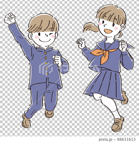 穿著制服的少男少女笑著跳起來 98631613