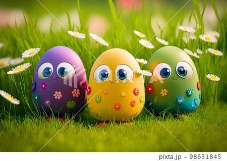 Easter egg character. Cute adorable easter background. Group of colorful eggs cartoons characters 98631845