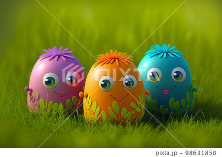 Easter egg character. Cute adorable easter background. Group of colorful eggs cartoons characters 98631850
