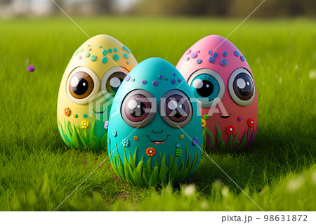 Easter egg character. Cute adorable easter background. Group of colorful eggs cartoons characters 98631872