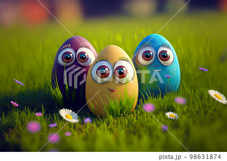 Easter egg character. Cute adorable easter background. Group of colorful eggs cartoons characters 98631874