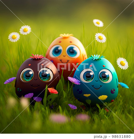 Easter egg character. Cute adorable easter background. Group of colorful eggs cartoons characters 98631880