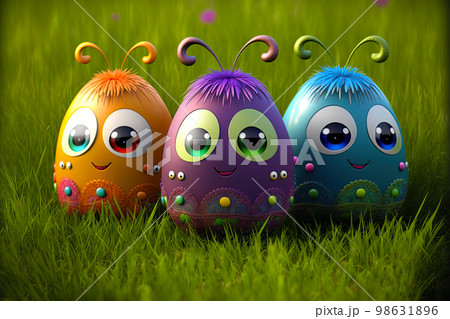 Easter egg character. Cute adorable easter background. Group of colorful eggs cartoons characters 98631896