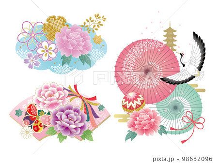 華やかでかわいい色の和柄のあしらいセット 98632096