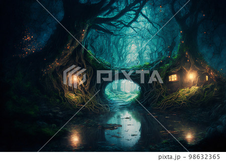 Fantasy house in the woods AI generative	 98632365