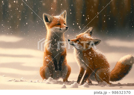 Two cute foxes playing in the snow AI generative	 98632370