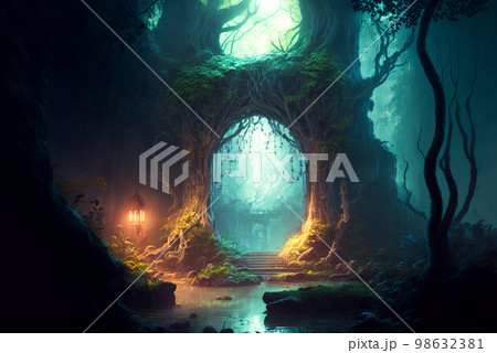 Fantasy forest arch or entrance scene AI Generative Fantasy forest arch or entrance scene AI Generative 98632381