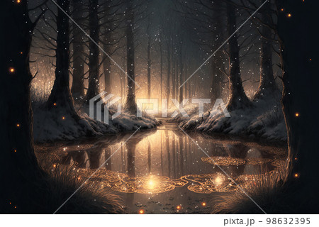 Fantasy forest snow and water scene AI Generative	 98632395