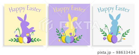 Set of three Easter card design templates with bunnies and flowers flat style pastel coloured 98633434