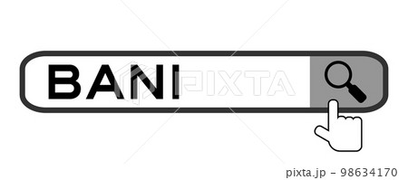 Search banner in word BANI (Brittle, Anxious, Non-linear and Incomprehensible) with hand over magnifier icon on white background 98634170