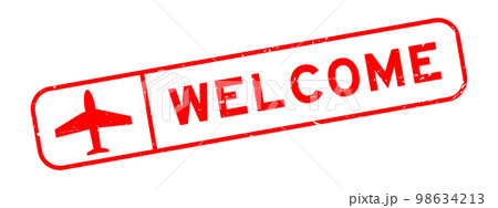 Grunge red welcome word with plane icon square rubber seal stamp on white background Grunge red welcome word with plane icon square rubber seal stamp on white background 98634213