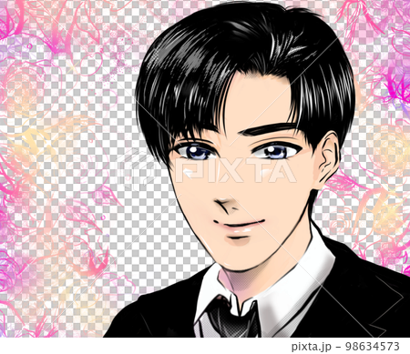 Matchmaking photo-style portrait cartoon illustration of a teacher in a black suit smiling gently and a flower garden background Matchmaking photo-style portrait cartoon illustration of a teacher in a black suit smiling gently and a flower garden background 98634573