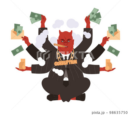 Bribery and Corruption with Man Devil Character with Many Hands Giving and Receiving Money and Smoking Cigar Vector Illustration 98635750
