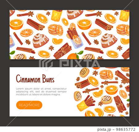 Cinnamon Orange Banner Design with Citrus Fruit, Spice Sticks and Bun Vector Template Cinnamon Orange Banner Design with Citrus Fruit, Spice Sticks and Bun Vector Template 98635772