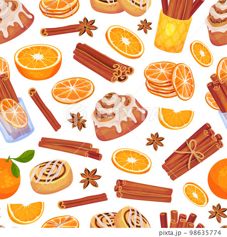 Cinnamon Orange Seamless Pattern Design with Citrus Fruit, Spice Sticks and Bun Vector Template Cinnamon Orange Seamless Pattern Design with Citrus Fruit, Spice Sticks and Bun Vector Template 98635774