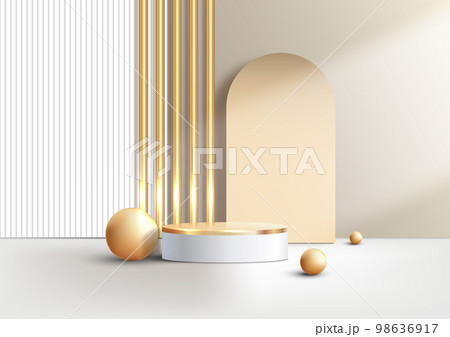 3D realistic elegant white and gold cylinder podium stand decoration golden ball white and gold battens backdrop 98636917