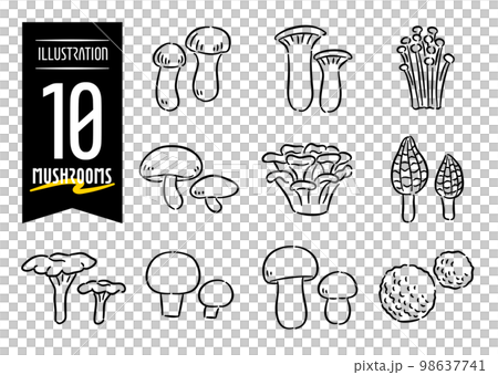 キノコをモチーフにした手描きのポップなアイコンイラスト10点セット 98637741
