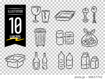 一套 10 個手繪流行風格圖標插圖的廢物圖案 一套 10 個手繪流行風格圖標插圖的廢物圖案 98637742